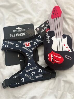 True Religion Kids Navy & White Logo Pet Harness with Red Guitar Toy